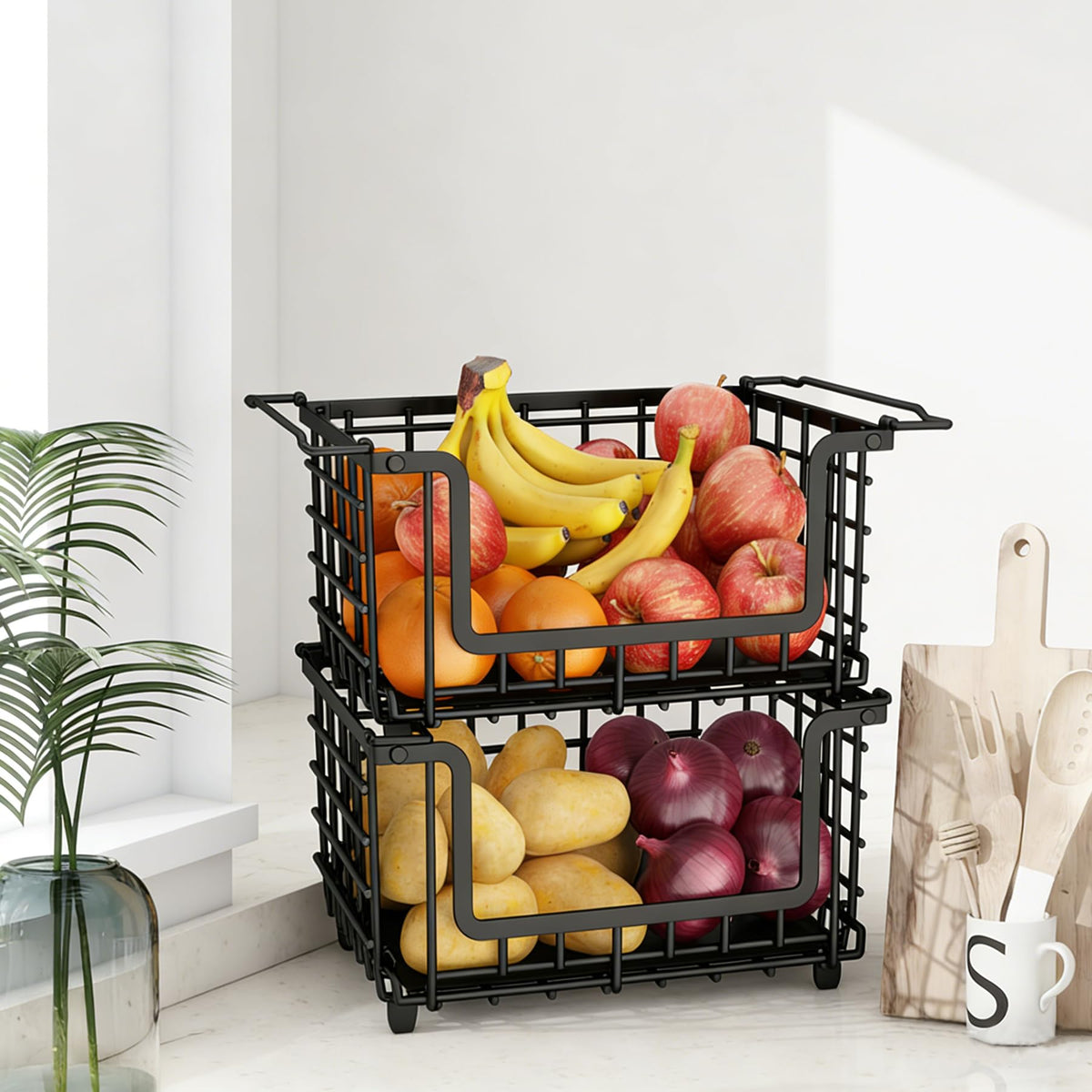 Jusdyrack stackable basket assembly view for quick kitchen organization.