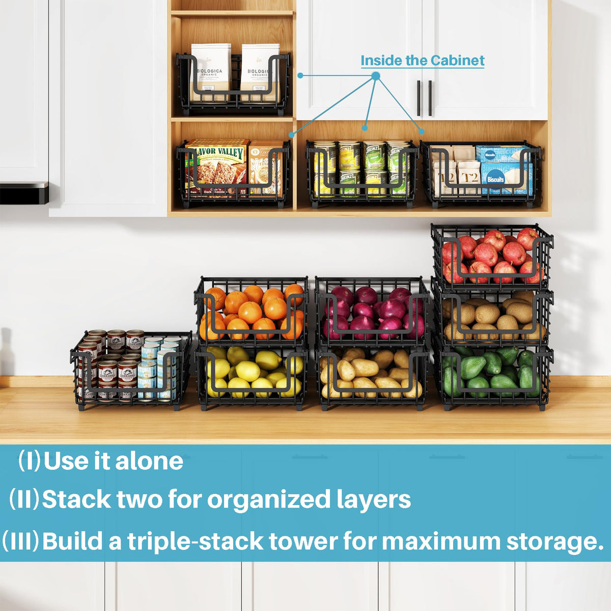 Jusdyrack basket with rotating handle shows easy carrying and secure stacking.