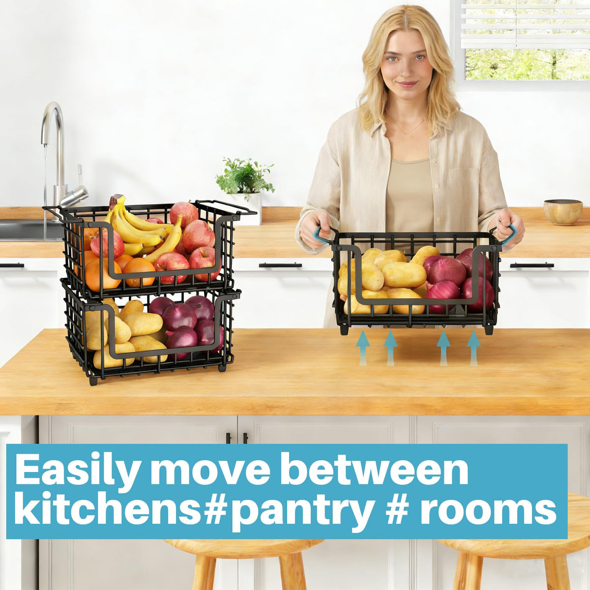 Jusdyrack stackable basket stacked setup demonstrates efficient vertical storage.