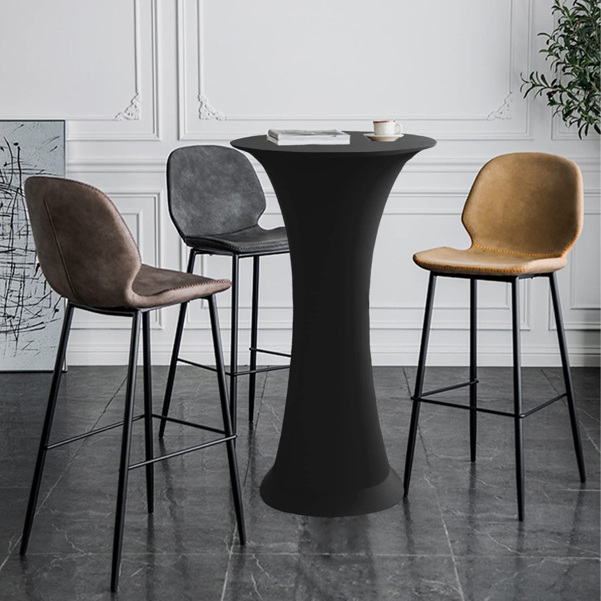 Jusmate fitted cover on highboy table creates elegant, quick setup.