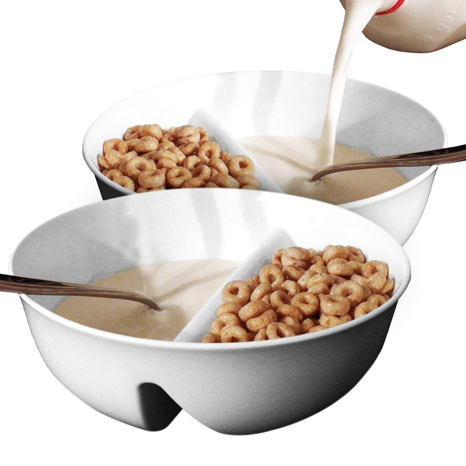 Just Artifacts Just Crunch divider bowl shows milk separation for crisp cereal