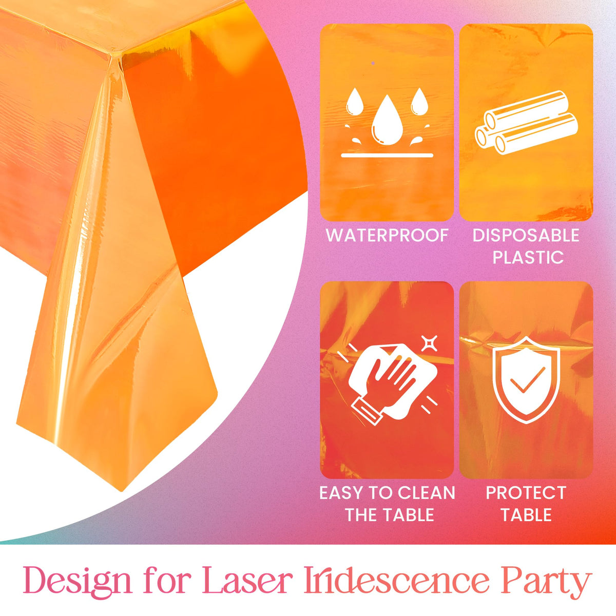 Just Shimmer orange iridescence tablecloth sparkling under lights for festive ambience