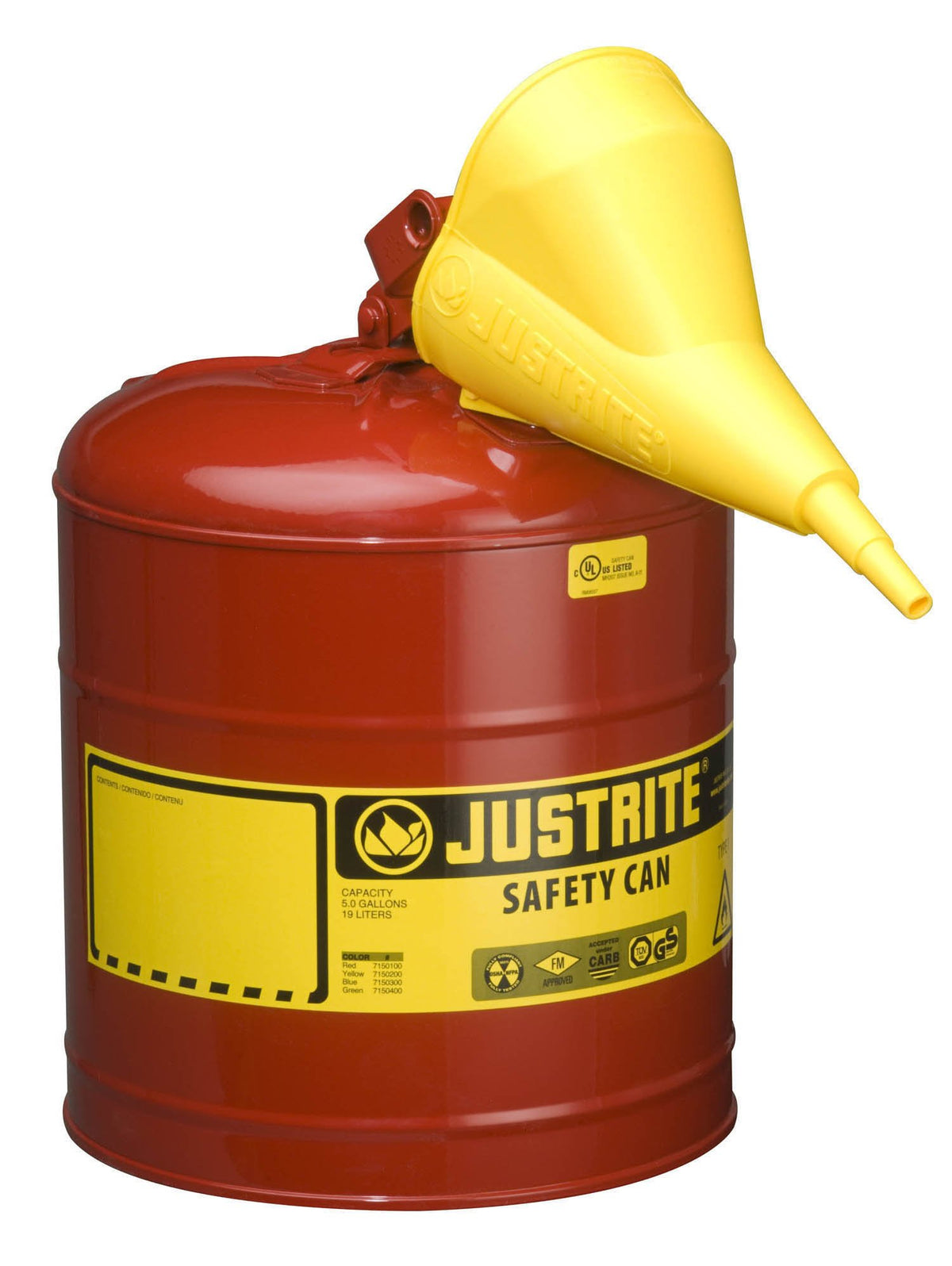 Justrite hinged-design funnel for pour without removal, reducing spills.
