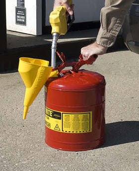 Justrite yellow polypropylene funnel, ideal for safe storage and quick transfers.