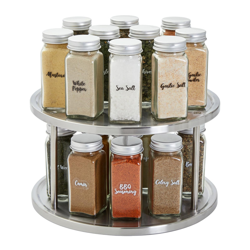 Juvale 2-Tier Lazy Susan spice rack rotates for quick access to spices.