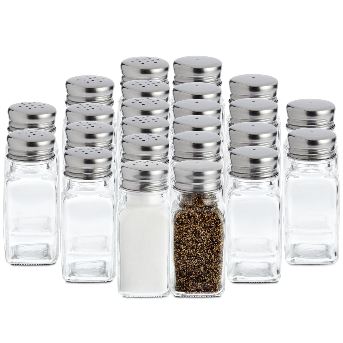 Juvale 24-pack glass salt and pepper shakers offer clear visibility for precise dispensing.