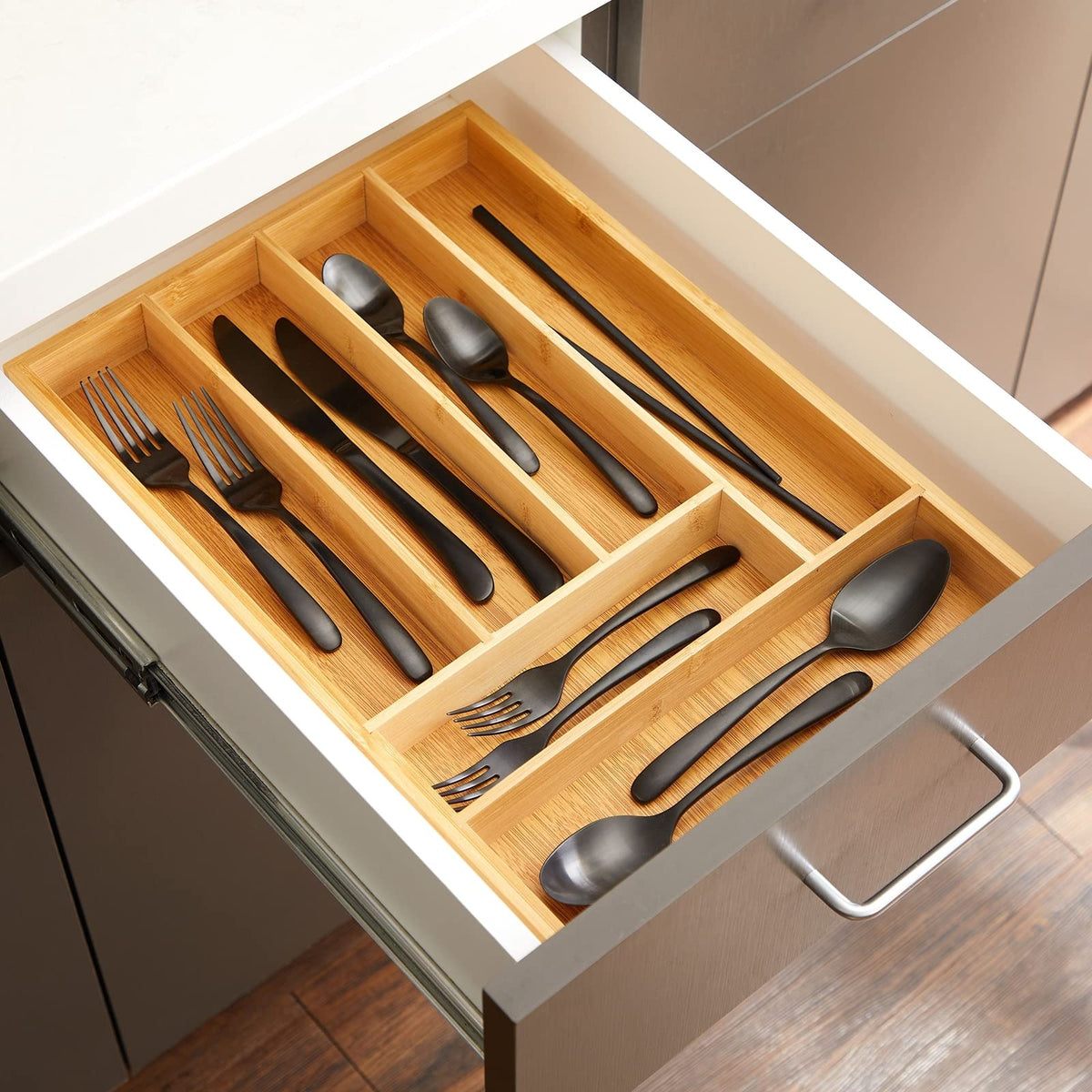 Juvale 6-slot bamboo silverware tray full view for clutter-free drawers.