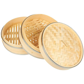 Juvale bamboo-steamer with steel rings highlights durable construction for consistent heat.