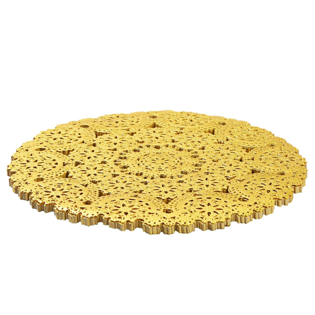 Juvale gold doilies framing a formal dinner presentation.