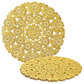 Juvale gold paper doilies with lace pattern for elegant cake displays.