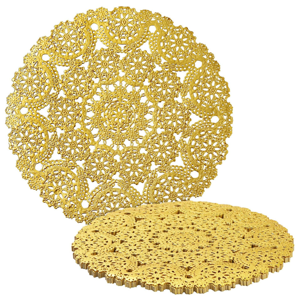 Juvale gold paper doilies with lace pattern for elegant cake displays.