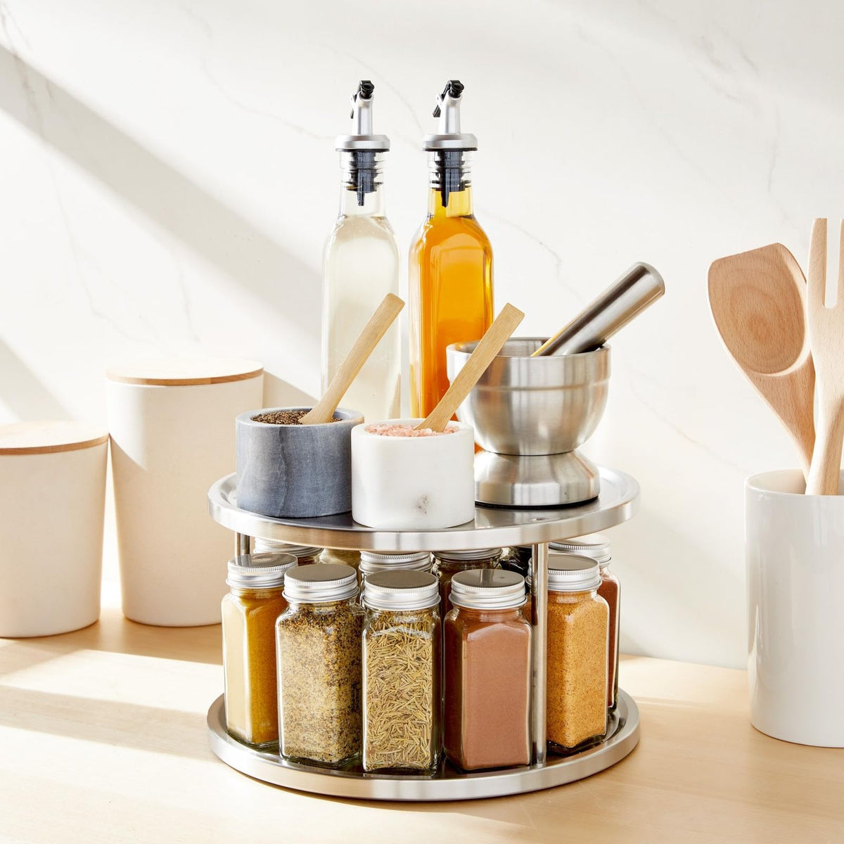 Juvale kitchen countertop spice organizer keeps jars within easy reach.