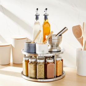 Juvale kitchen countertop spice organizer keeps jars within easy reach.