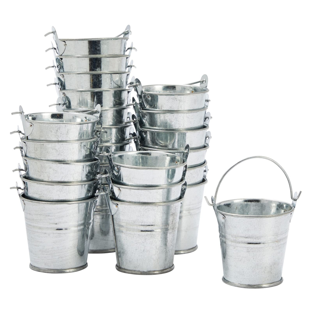 Juvale 24-pack mini metal buckets for organized party favors and gifts.
