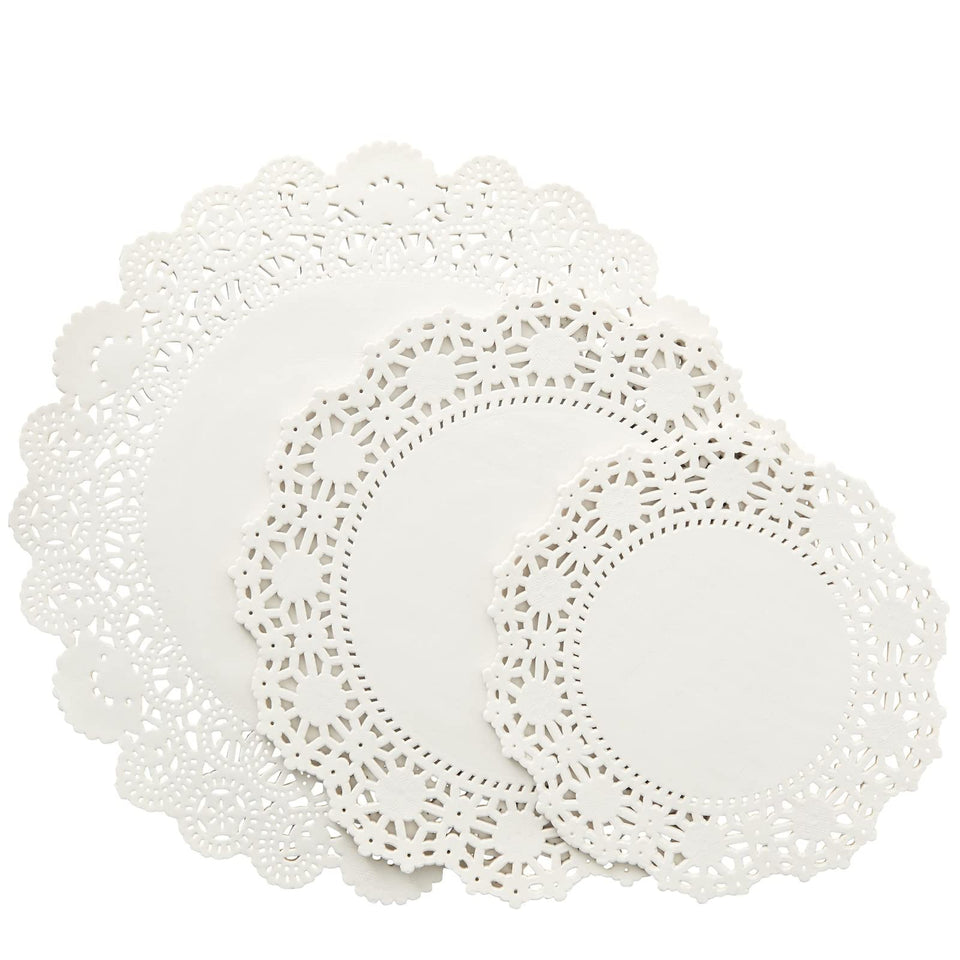 Juvale round lace doilies in 6.5 inches for elegant table decor and dessert plating.