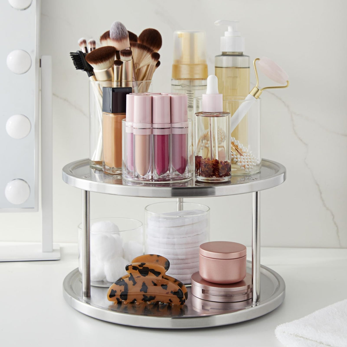 Juvale stainless steel spice carousel with 10-5 inch diameter for compact storage.