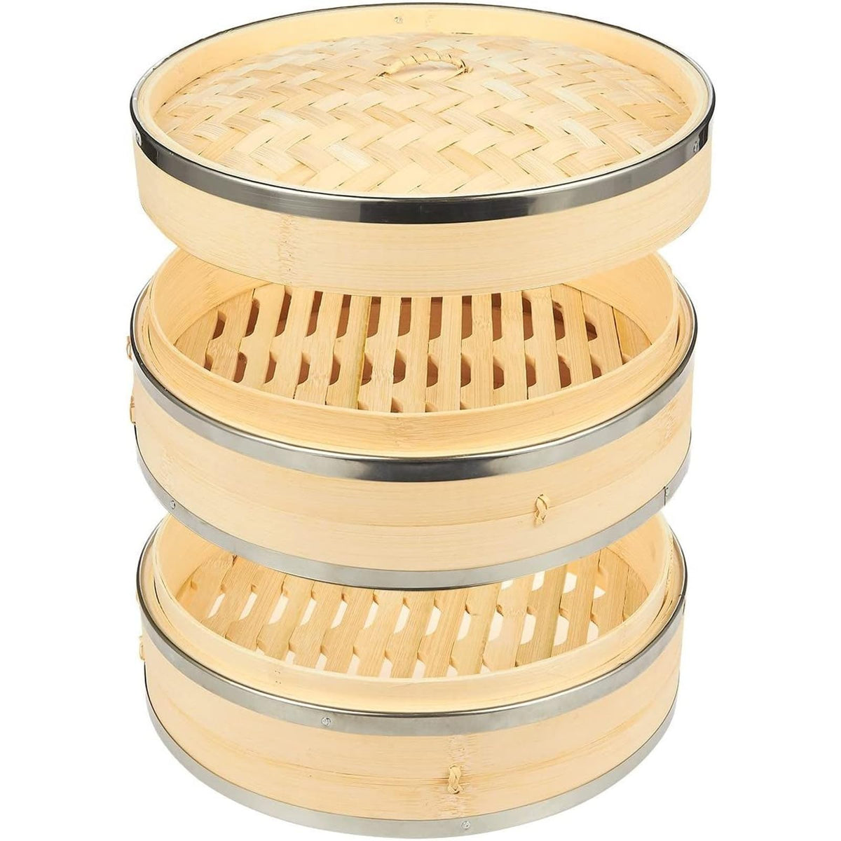 Juvale two-tier steamer basket in beige for efficient, stackable vegetable steaming.