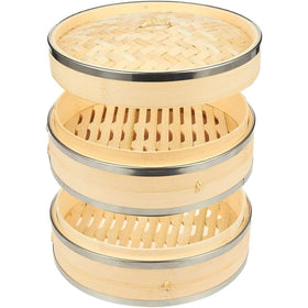 Juvale two-tier steamer basket in beige for efficient, stackable vegetable steaming.