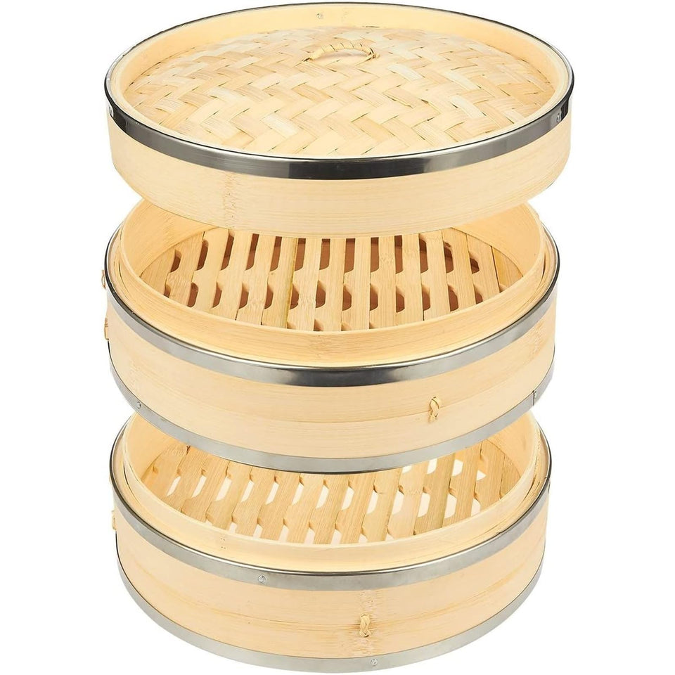Juvale two-tier steamer basket in beige for efficient, stackable vegetable steaming.