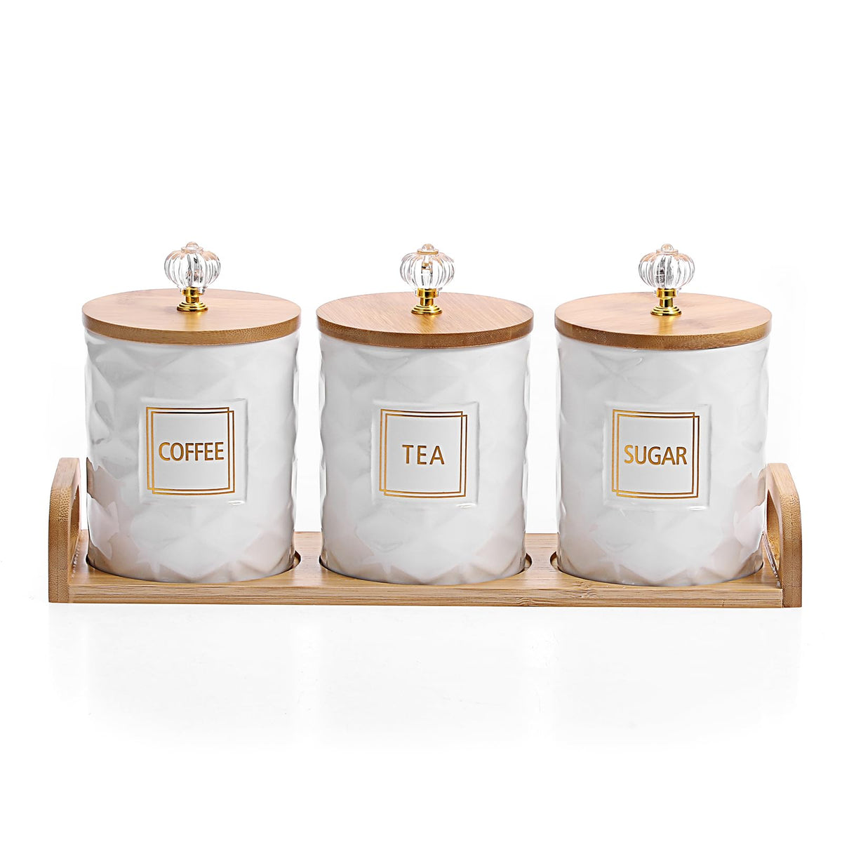 JUXYES set of 3 ceramic canisters with handle tray for organized kitchen storage.