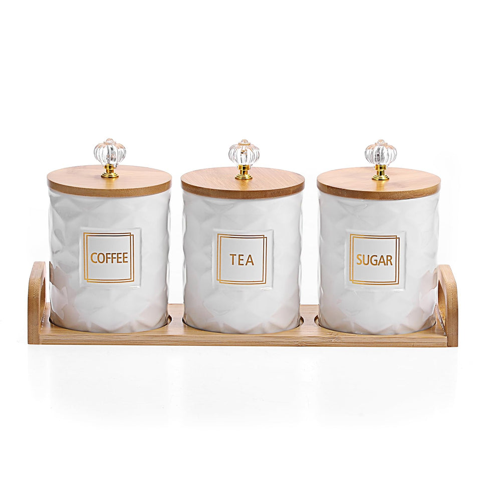 JUXYES set of 3 ceramic canisters with handle tray for organized kitchen storage.