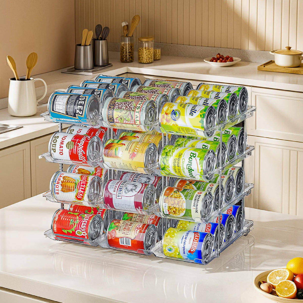 JUYUANHOM 4-Tier Can Organizer in rack view showing 48 can capacity.