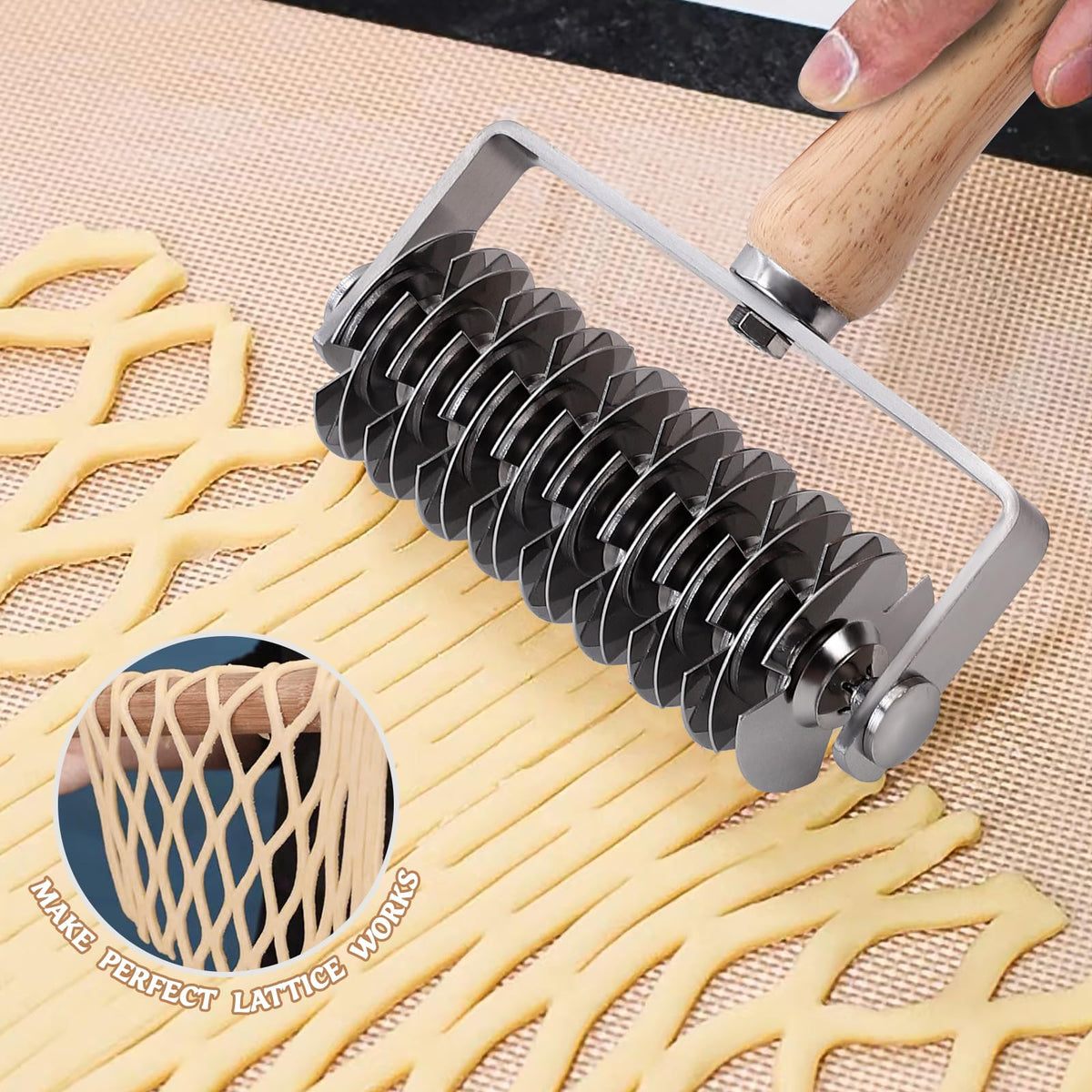 JuyVerq stainless steel lattice roller delivers durable, precise cuts for professional pastries.