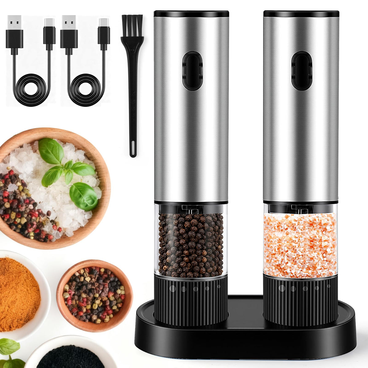 JXAVO electric salt and pepper grinders with LED light for precise table grinding.