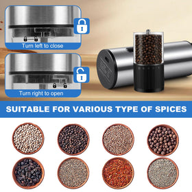 Versatile spice grinder for salt, pepper, and various solid spices.