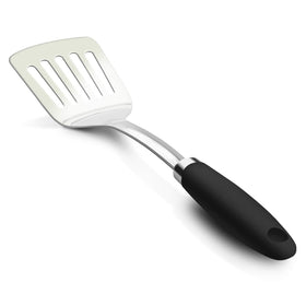 JXWING brushed slotted stainless turner is ideal for flipping and draining oils.