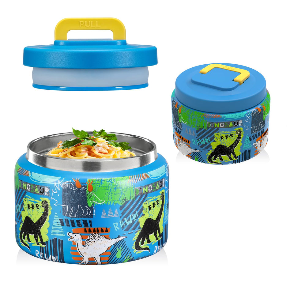 JXXM dinosaur blue thermo jar with open lid for easy access at school.