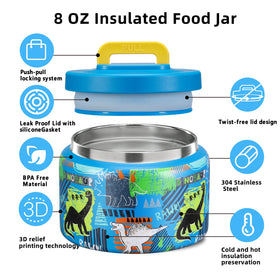 JXXM blue dinosaur thermo jar stainless steel insulated exterior.