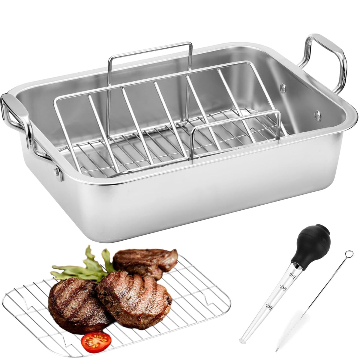 JY COOKMENT 15-inch roasting pan with V-shaped rack for large turkeys.