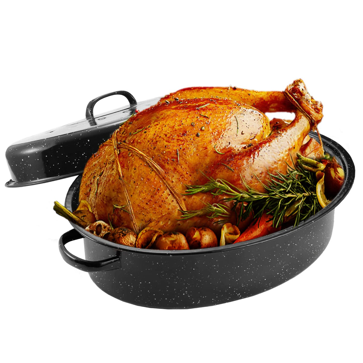 JY COOKMENT roaster pan with domed lid keeps moisture and tenderness.