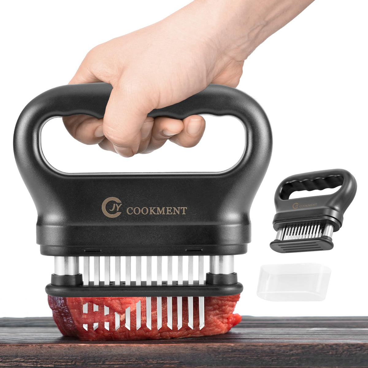 JY COOKMENT meat tenderizer blade closeup, 48 needles promoting even texture and marinade uptake.