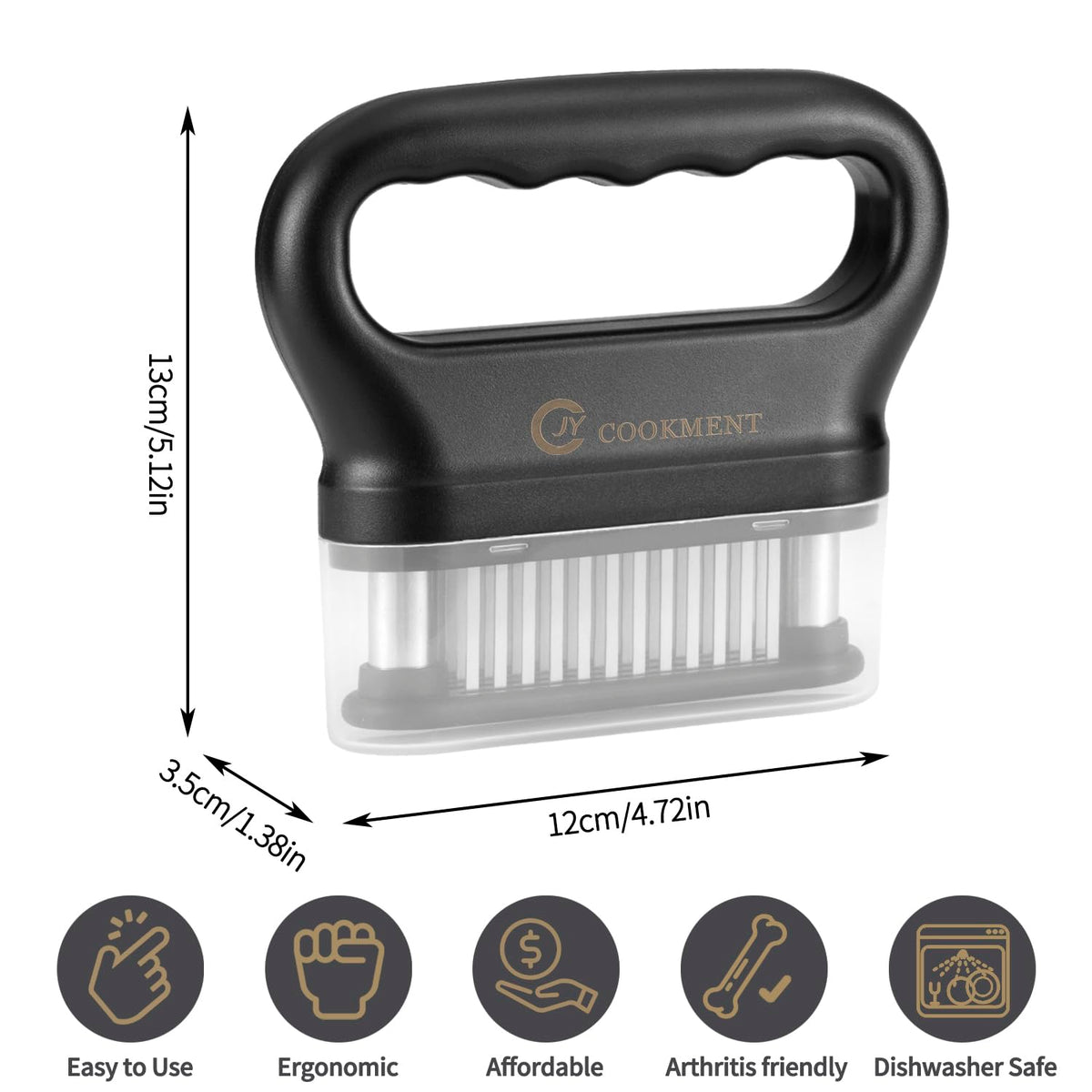 JY COOKMENT ergonomic handle grips for easier tenderizing.