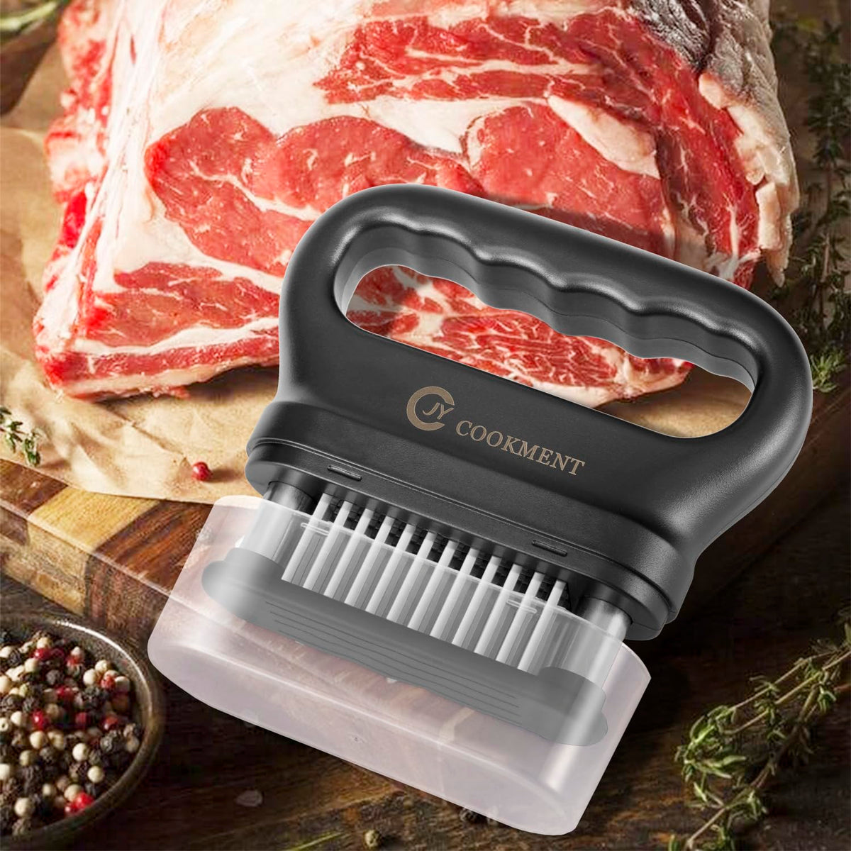 JY COOKMENT kitchen scene with tenderizer ready for marinade and prep.