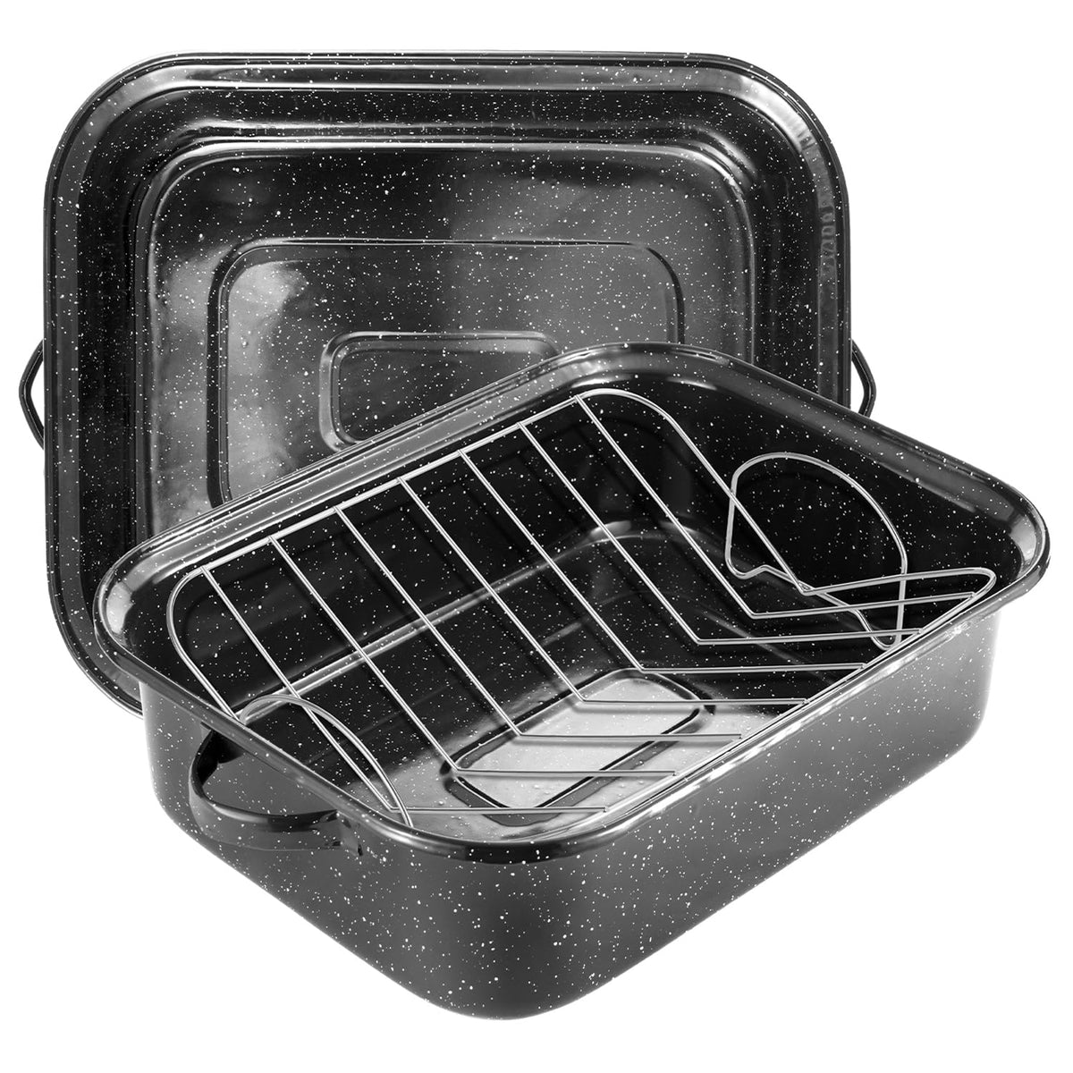 JY COOKMENT roasting pan with lid and rack, side angle showing sturdy construction.