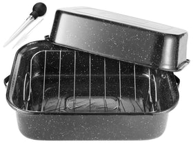 JY COOKMENT roasting pan with lid and rack, top view highlighting generous capacity.