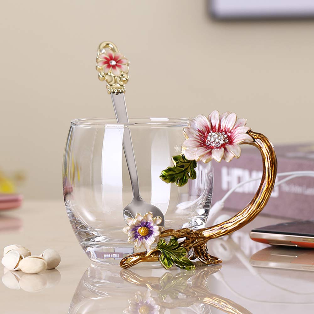 JY-Danbady enamel sunflower glass teacup with spoon for lead-free sipping