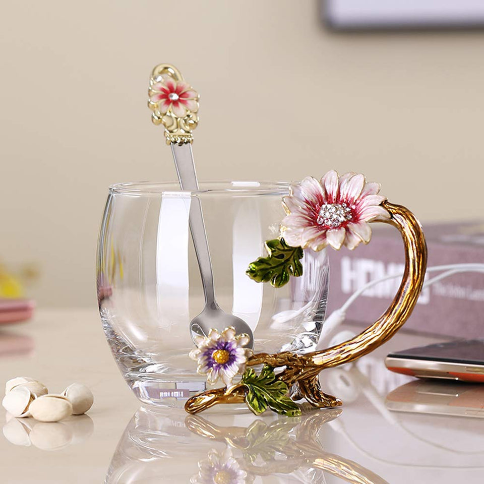 JY-Danbady enamel sunflower glass teacup with spoon for lead-free sipping