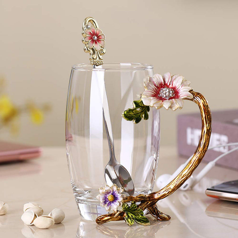 JY-Danbady sunflower enamel tea cup with clear glass for vibrant tea colors