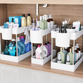 JYSMYWS under-sink organizers 3-pack maximize vertical space in compact cabinets.