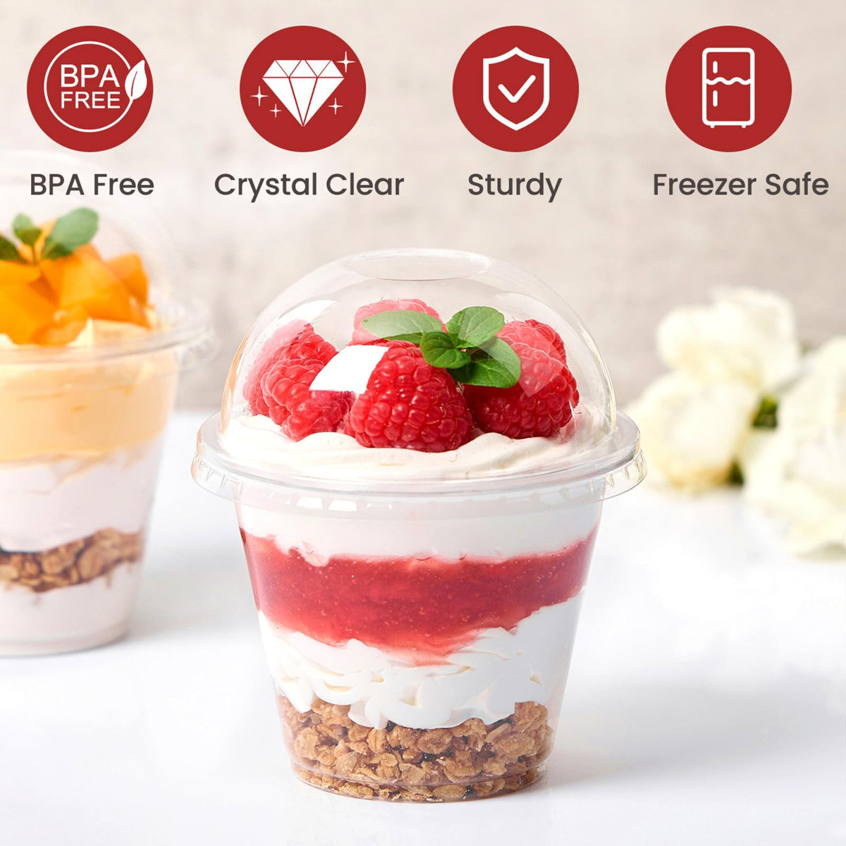 Jycnolm dessert cups with lids stacked for easy party prep