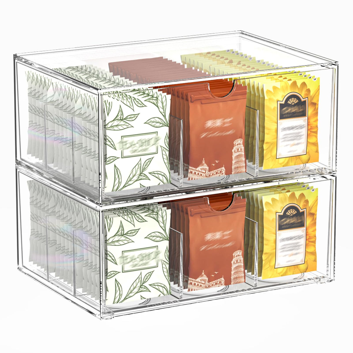 Jywantful clear tea bag organizer drawer keeps tea bags neatly organized.