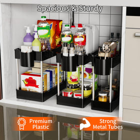 JYSMYWS two-tier bathroom shelf maximizes vertical storage under sinks.