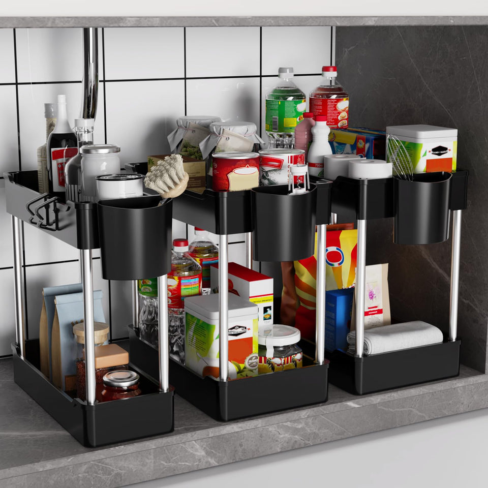 JYSMYWS under-sink organizer 3-pack with hanging cups keeps kitchen clutter organized.