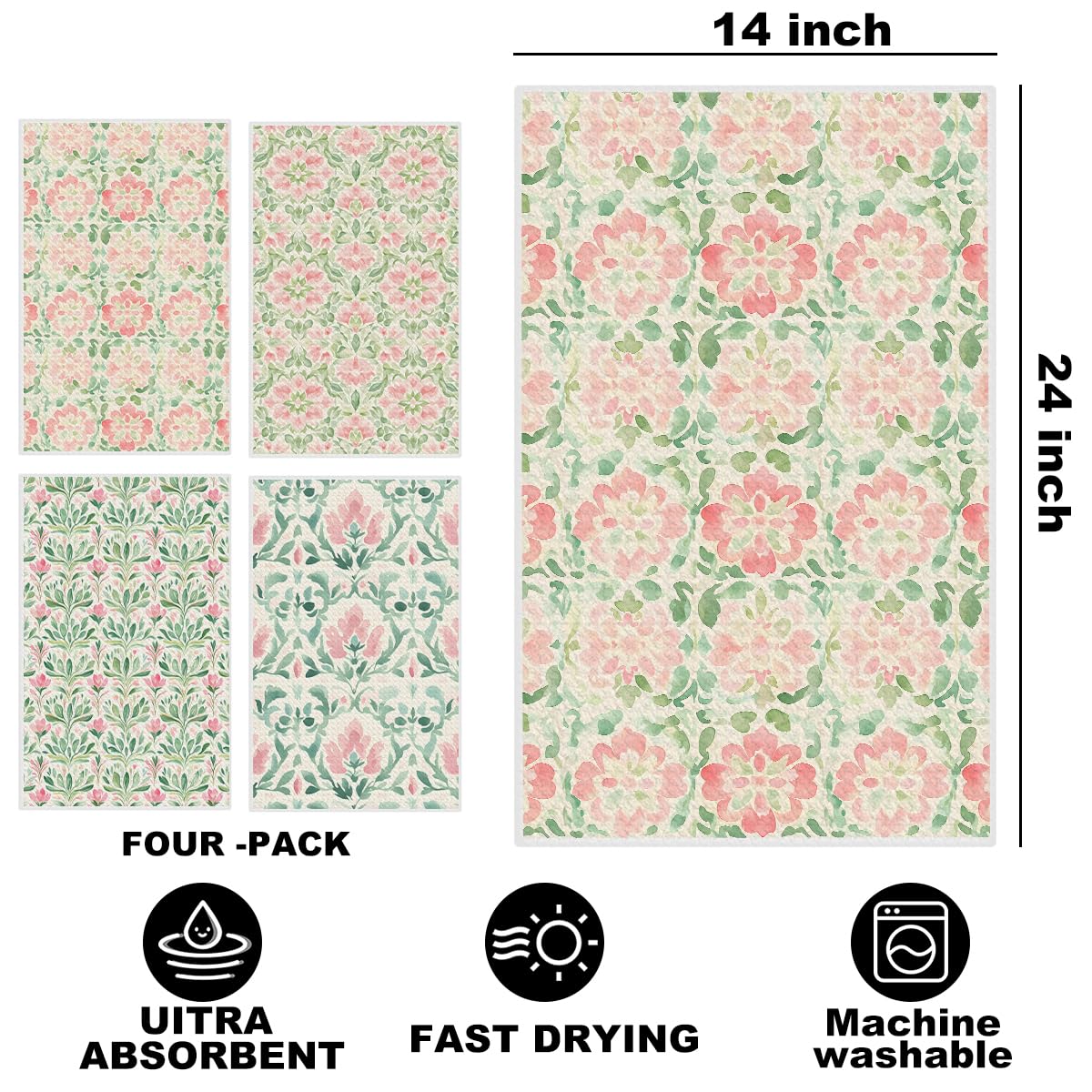Jztco pink-green floral dishcloth 14x24 dries cups and countertops quickly.