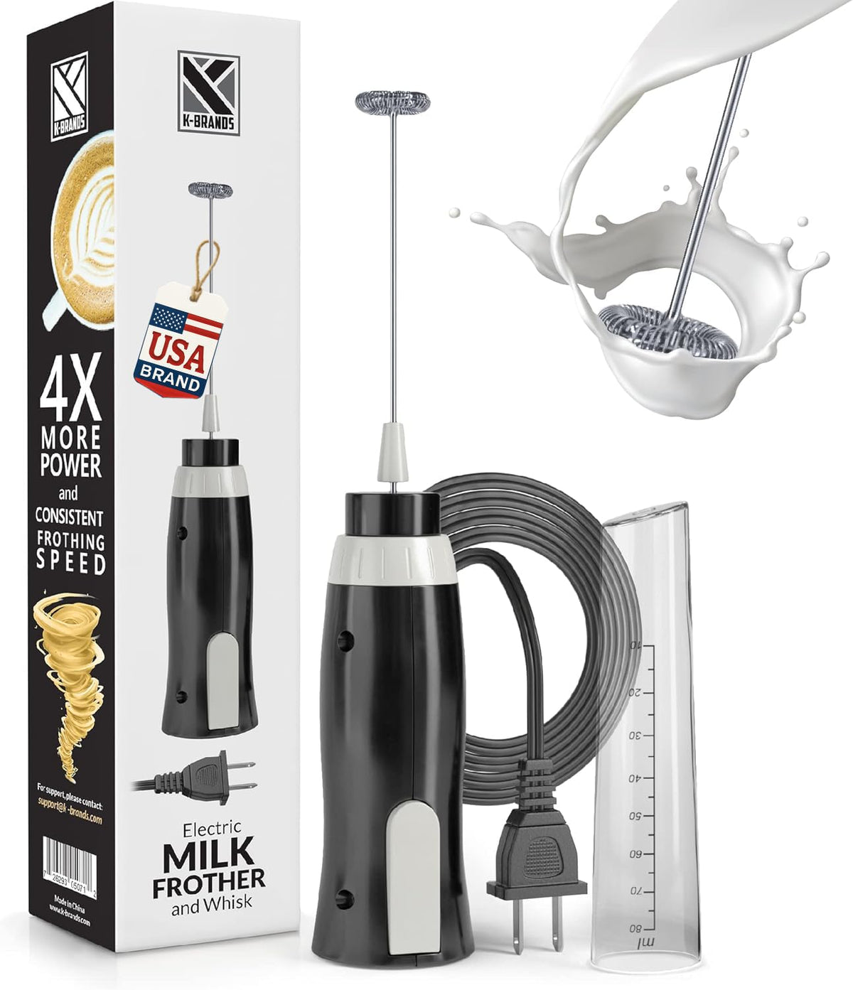 K-Brands corded milk frother plugged in ready for café-quality foam at home