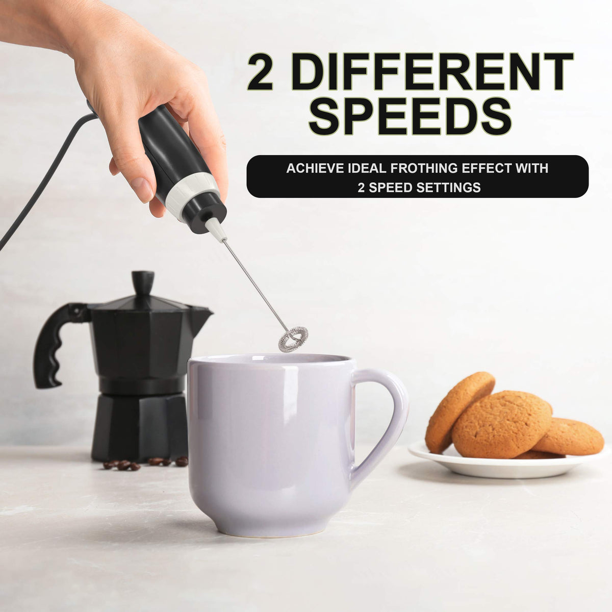 K-Brands handheld whisk-stirrer creates creamy latte foam quickly